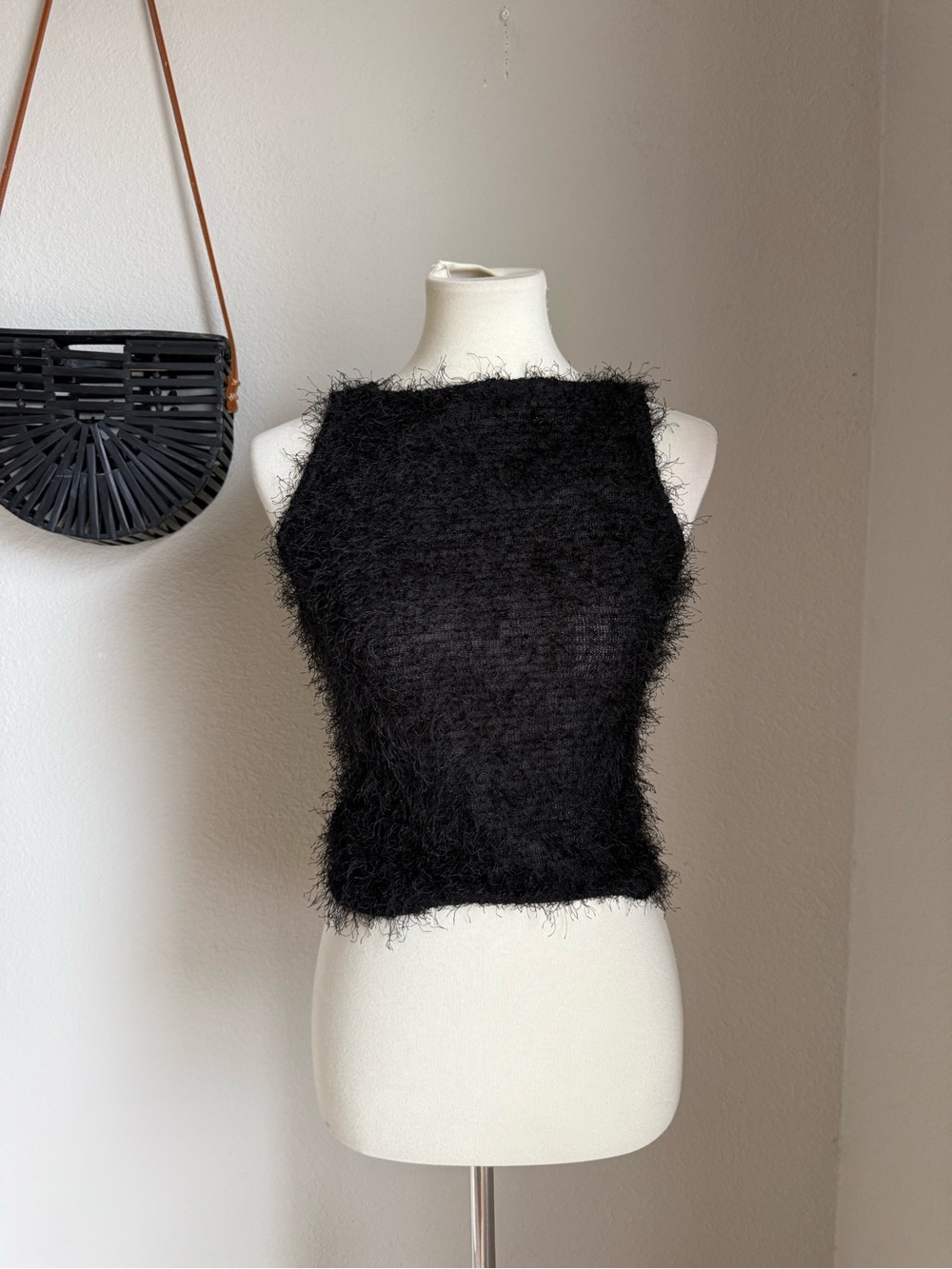 Vintage 80s A. Byer Fuzzy Sleeveless Black Top, Size Small